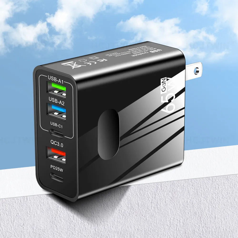 Fast charging multi-port travel charger with Type-C PD USB and three ports in black, EU standard plug