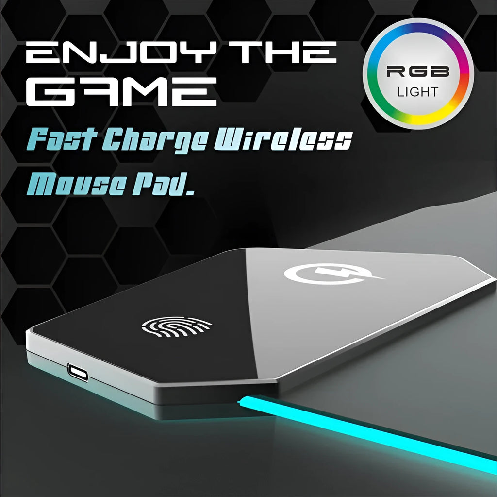 Black Mech-style cloth gaming mouse mat with luminous electric effect, showing TYPC port and non-slip rubber base.