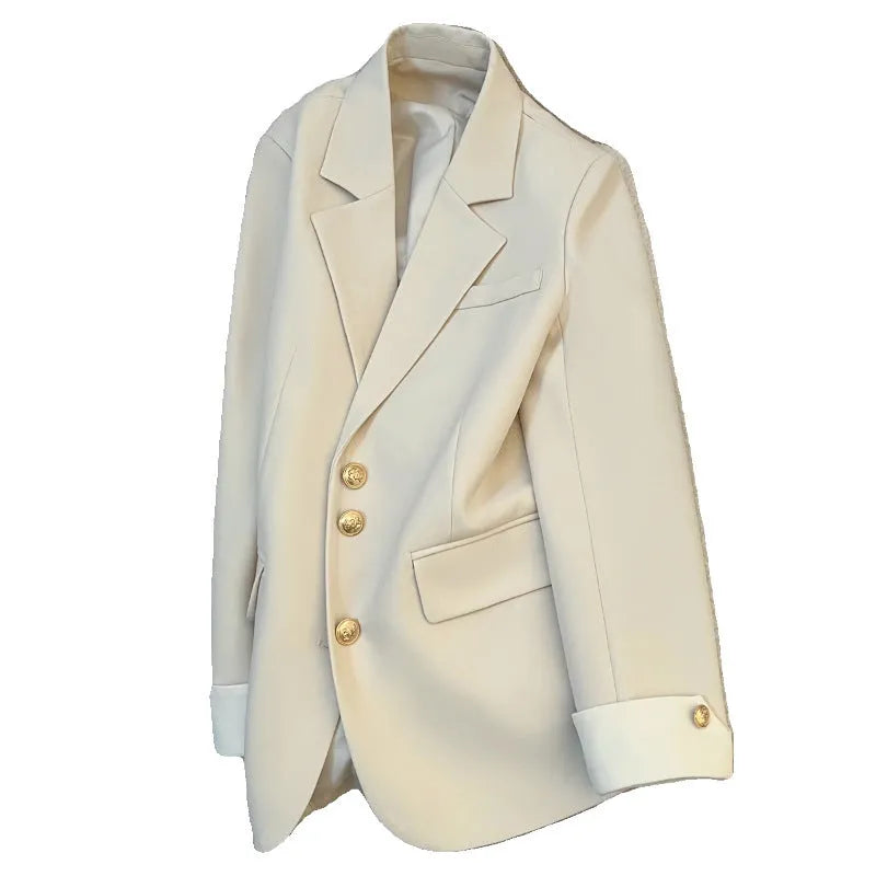 Korean-style women's polyester coat in milky white with medium length, loose fit, long sleeves and pockets