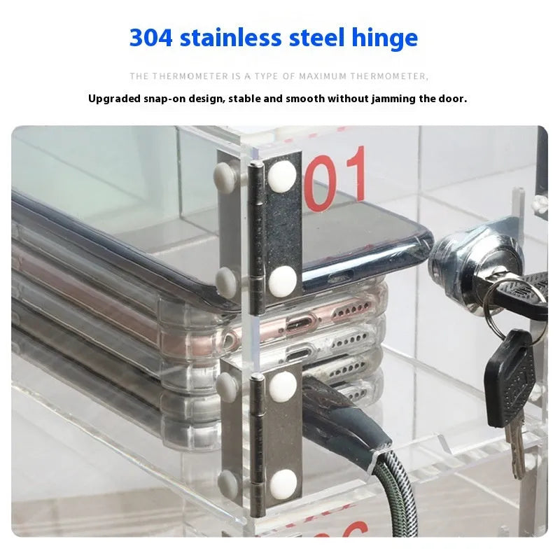 Transparent acrylic mobile phone storage cabinet with charging hole, small grid 10x5x18cm, for office desk use