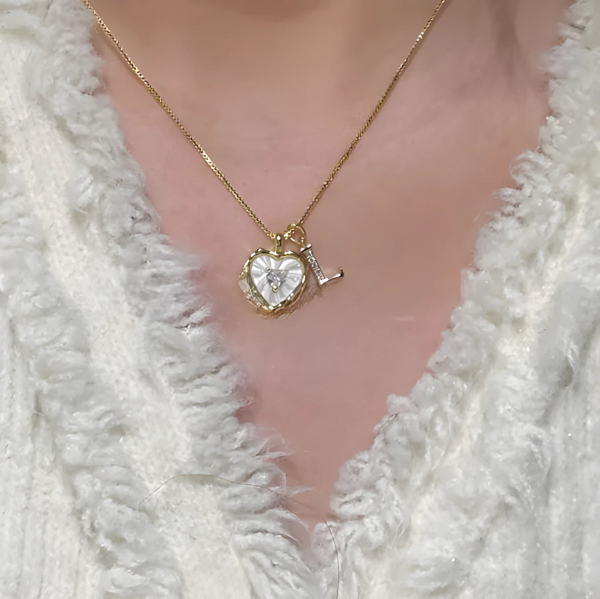 Titanium steel necklace with natural mother-of-pearl inlay, heart or geometric pendant, regular chain, initial A-M.