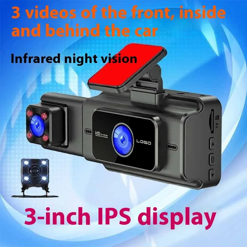 Black 3-lens car dash cam for front windshield with 3-inch screen and 170-degree wide angle lens
