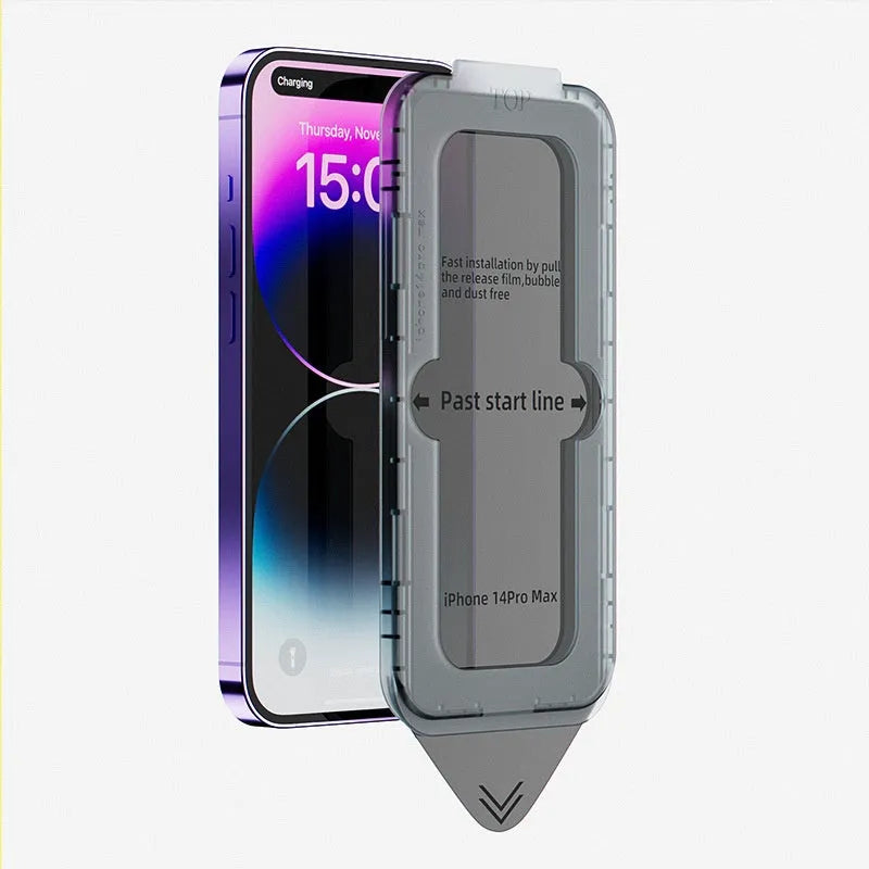 iPhone tempered glass privacy screen protector with application sticker box, showing frosted, peep-proof and clear HD options.