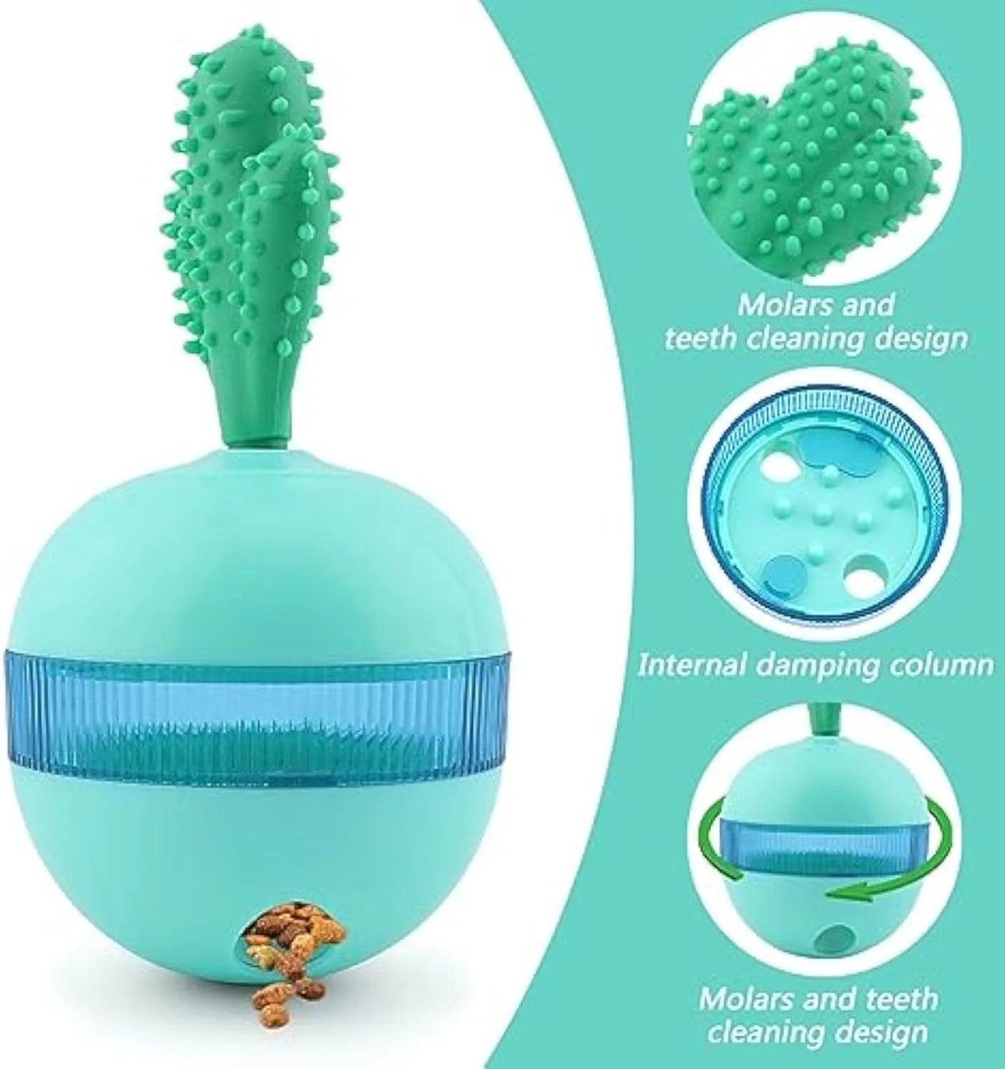 Blue and green durable rubber dog treat dispensing ball toy with small holes