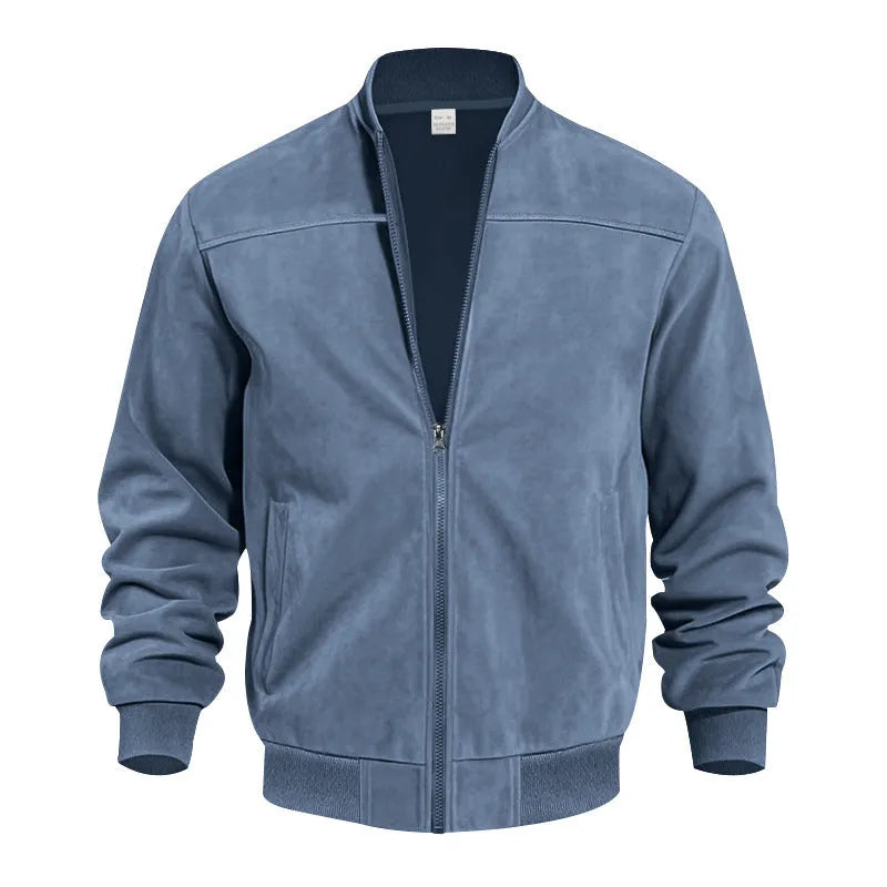 Men's plus size casual suede jacket with a zip and regular sleeves in Army Green colour.