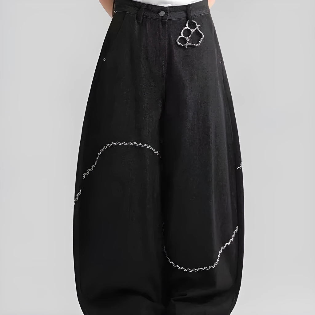 Black straight-leg casual trousers with micro-elastic waistband and zip fly opening