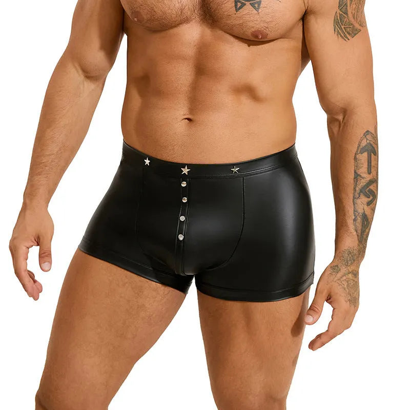 Black PU leather men's boxer shorts with U-pouch design showing front view