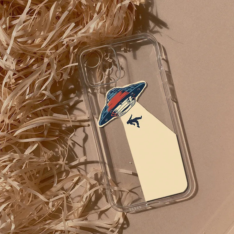 UFO astronaut transparent TPU phone case for iPhone, soft protective cover with astronaut graphic