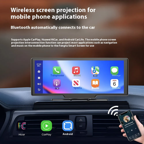10 inch car touch screen with Carplay display showing navigation and driving recorder footage.
