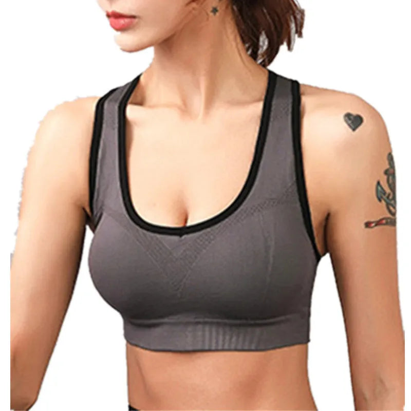Large size non-wired sports push-up bra in black with adjustable straps, sizes M to 3XL