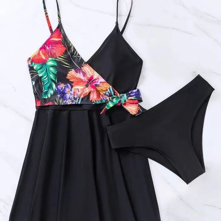 Black printed high waist women's bikini briefs on a white background.