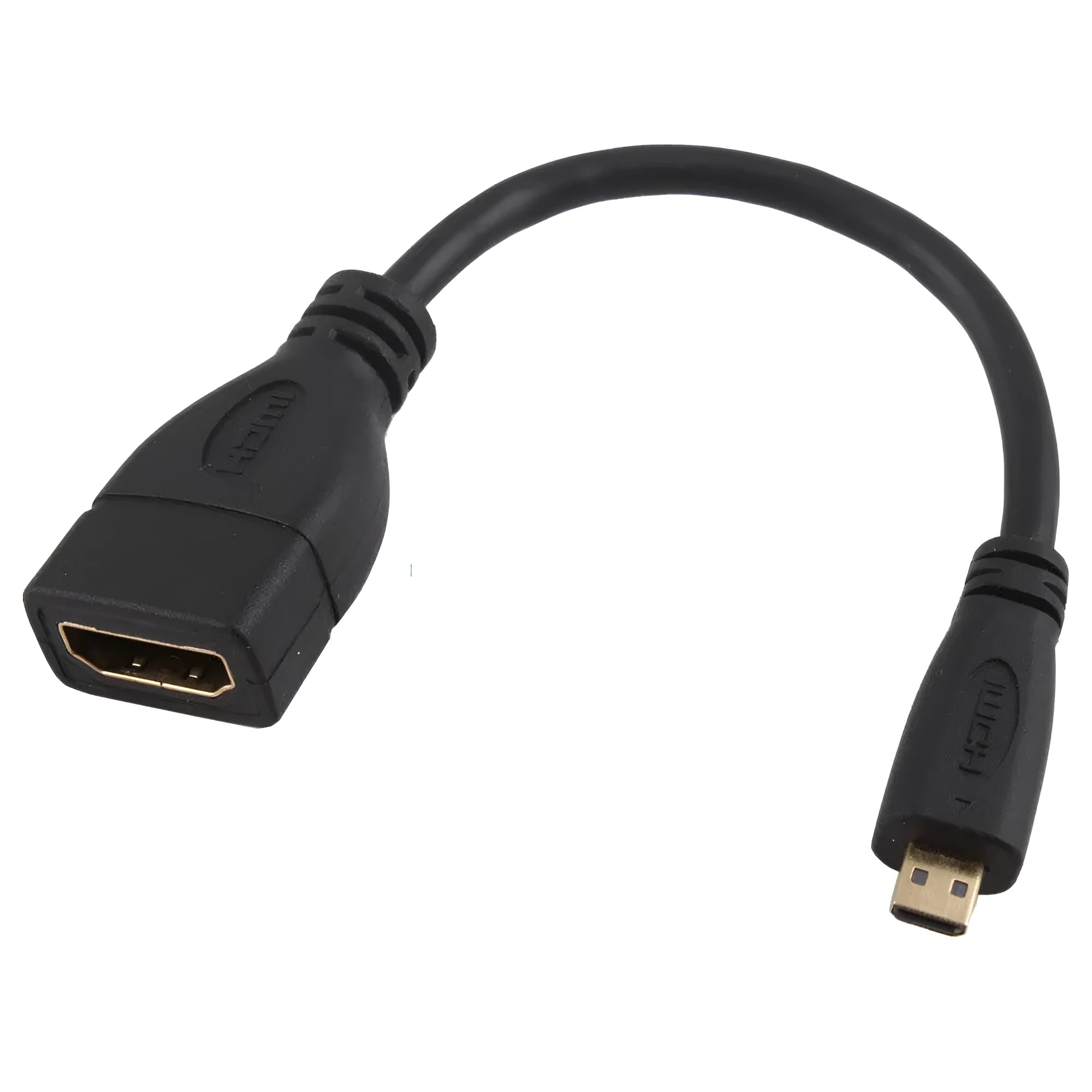 Black HDMI female to Micro HDMI male stub cable 0.15m short adapter on white background