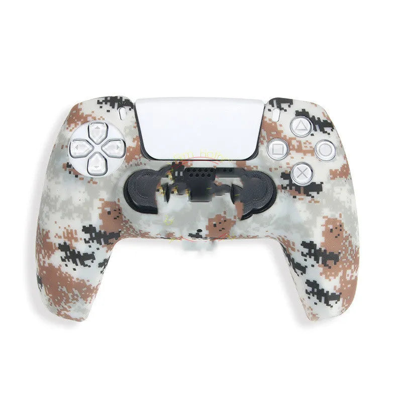 Camouflage pattern silicone case for PS5 DualSense wireless controller showing protective coverage