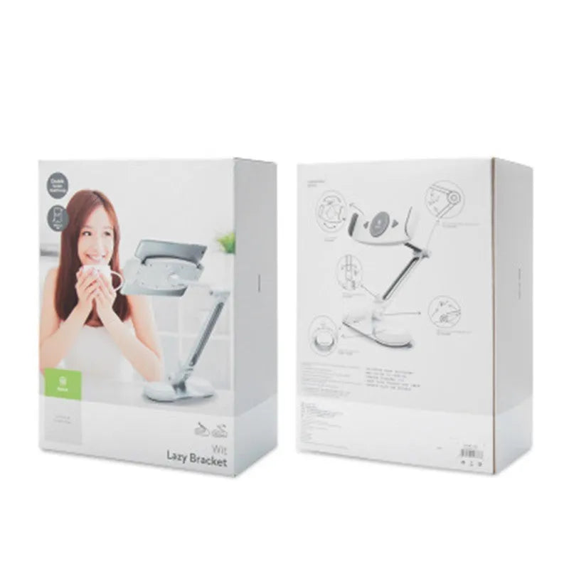Aluminium alloy sucker bracket with double suction cup holding a mobile phone on a smooth table surface