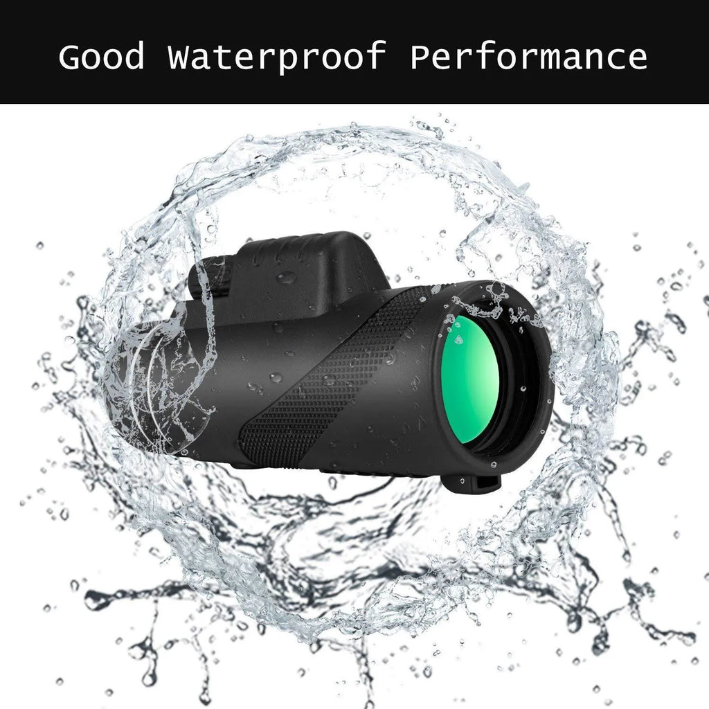 Black HD 40x60 monocular telescope with smartphone mount shown on a table.