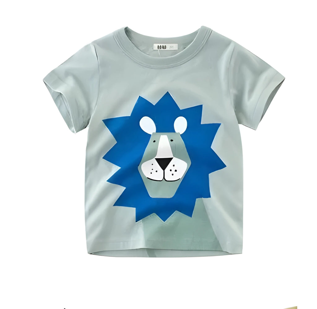Boys' cotton T-shirt with a cool animal print, shown in sizes from 90cm to 140cm.