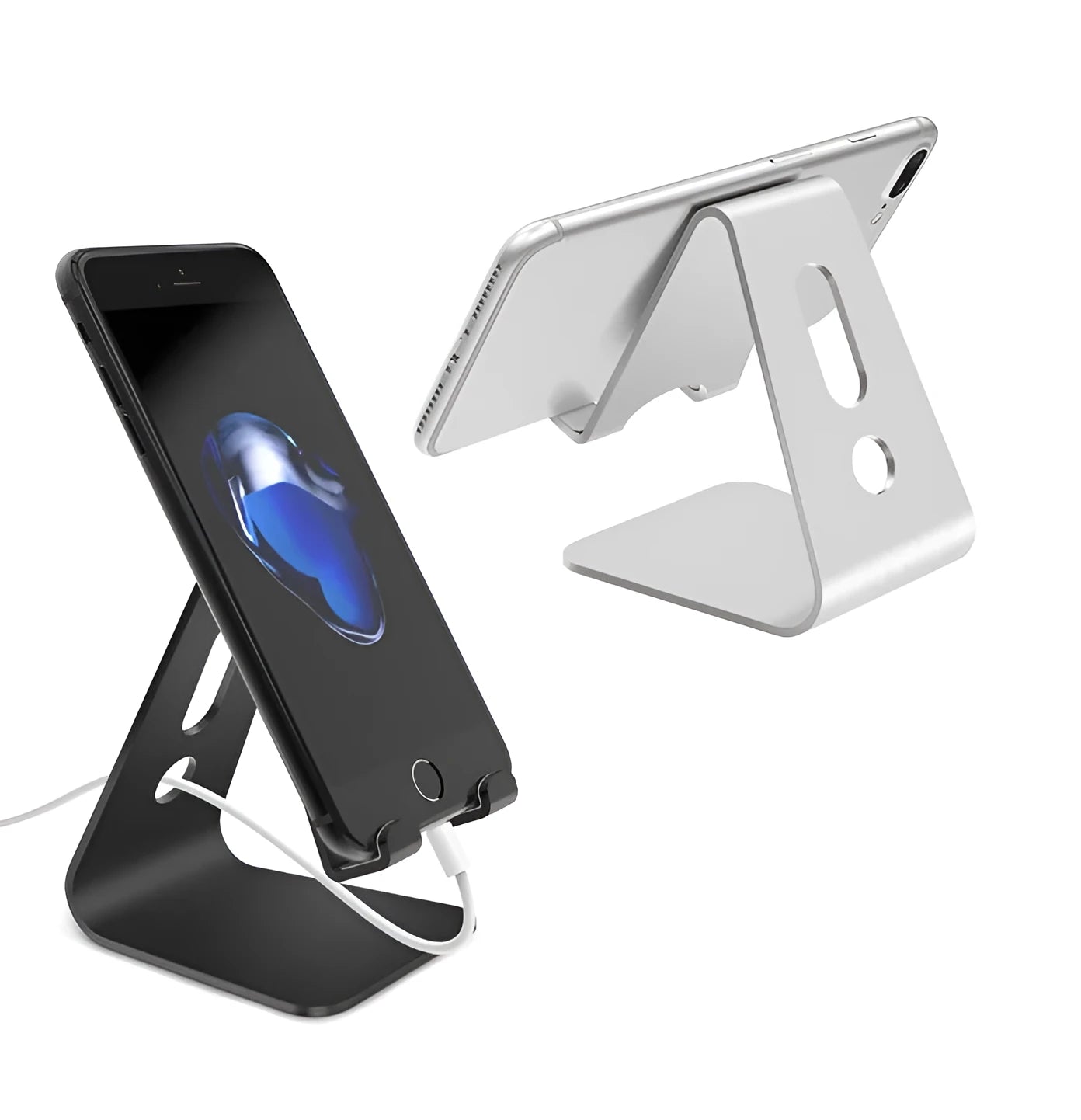 Aluminium alloy universal phone and tablet stand folded flat and unfolded at an angle.
