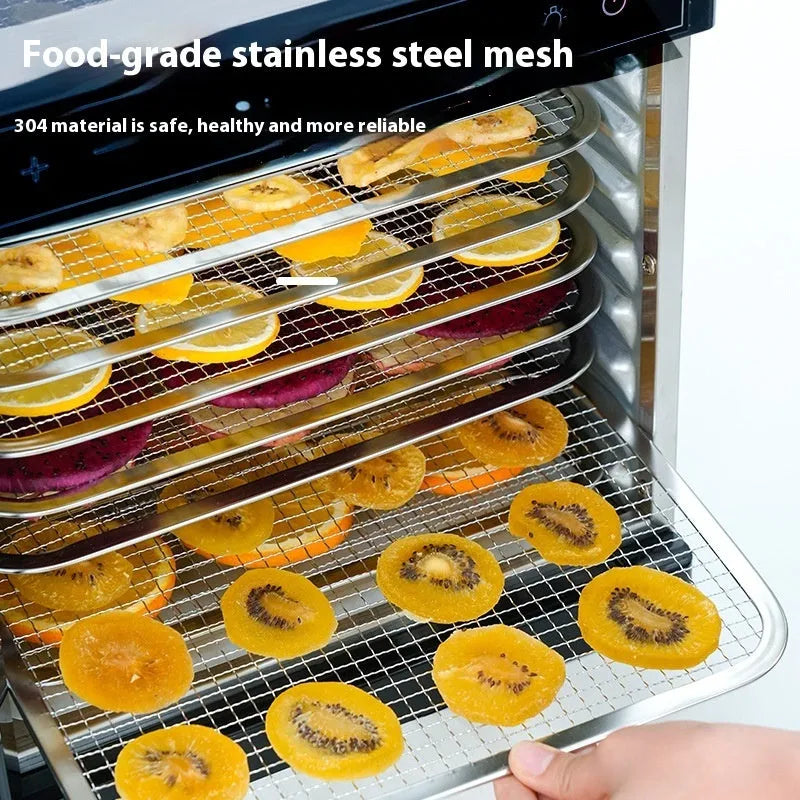 Stainless steel fruit dehydrator appliance with a visual skylight lid and multiple drying trays