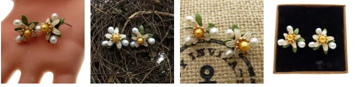 Women's retro orange blossom leaf earrings with freshwater yellow pearl and green varnish on silver alloy base