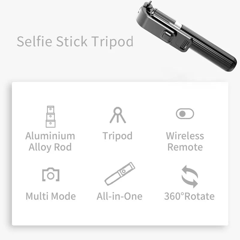 Black aluminium tripod selfie stick extended next to Apple iPhone