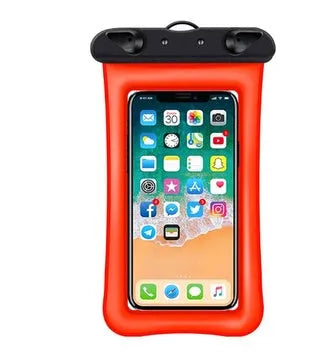 Orange waterproof phone pouch with a black rope, showing the ABS switch sealing mechanism.