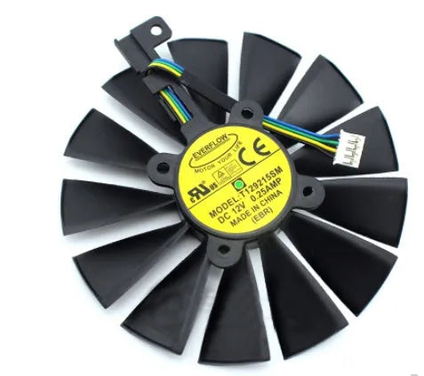EVERFLOW T129215SM GPU graphics card replacement cooling fan showing dimensions and 4-pin connector.