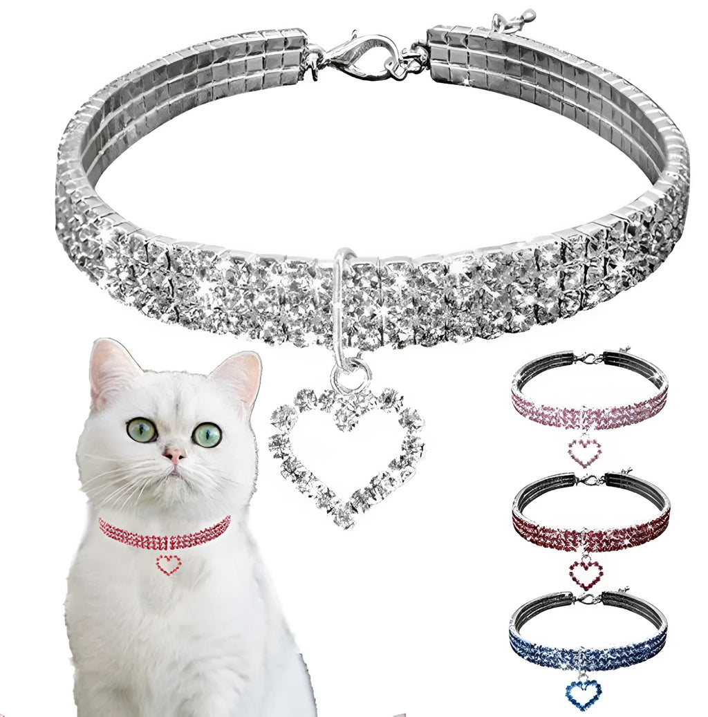 Rhinestone dog necklace with elastic love cat and dog ornaments, copper base with thick silver plating, available in S/M/L sizes