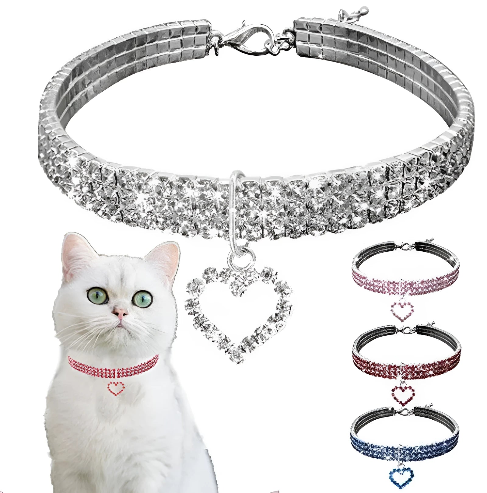 Rhinestone dog necklace with elastic love cat and dog ornaments, copper base with thick silver plating, available in S/M/L sizes