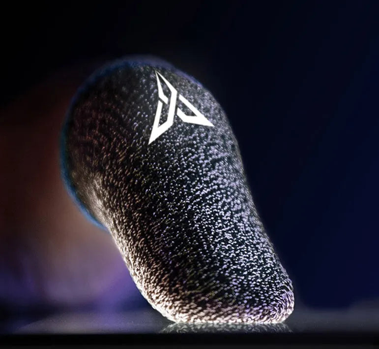 A pair of green gaming thumb sleeves made from silver fibre yarn with a reflective 3M logo.