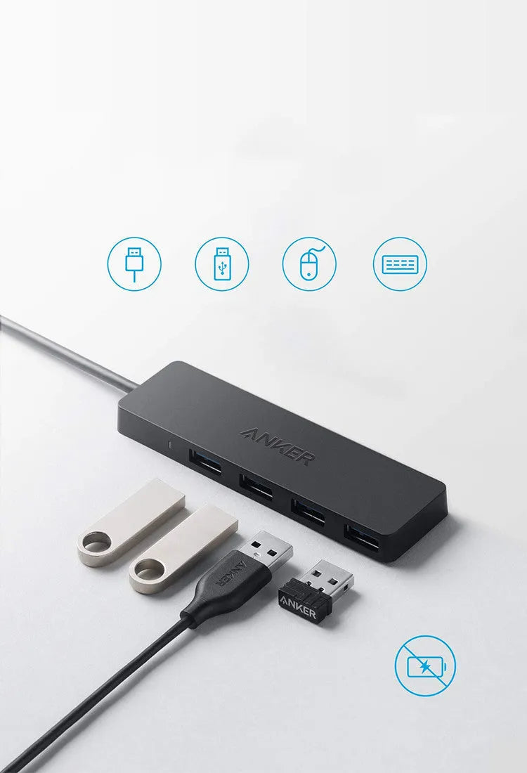 Black Anker USB 3.0 4-port hub with 200mm cable for laptop and desktop computers