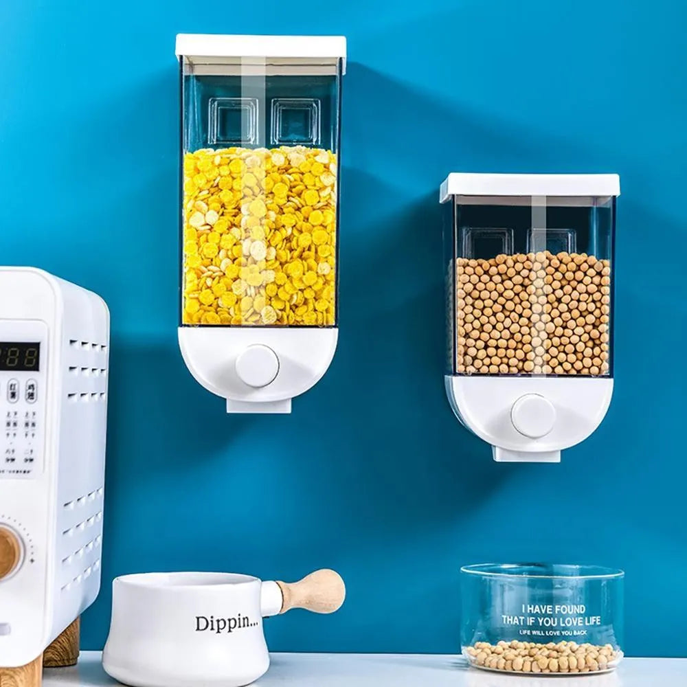 White wall mounted cereal dispenser transparent ABS plastic food storage container with easy press lid