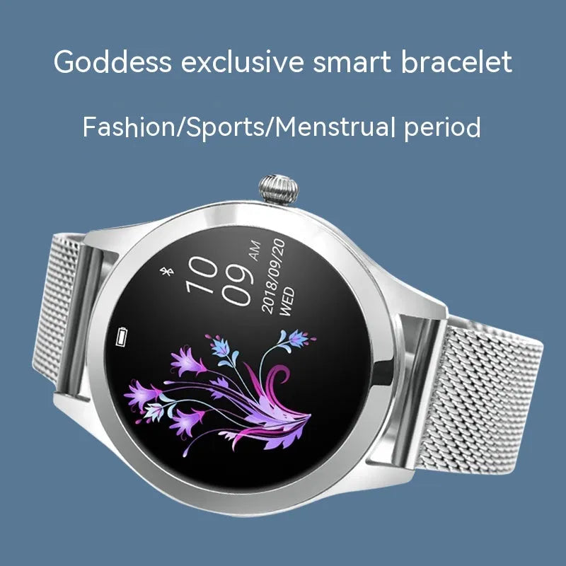 Women's multi-functional smartwatch in black, rose gold, silver, or white with heart rate monitoring.