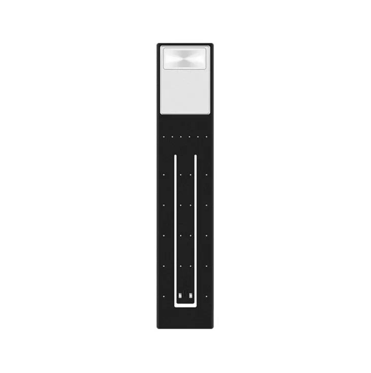 Black folding LED reading lamp clipped to a Kindle e-reader showing adjustable brightness settings