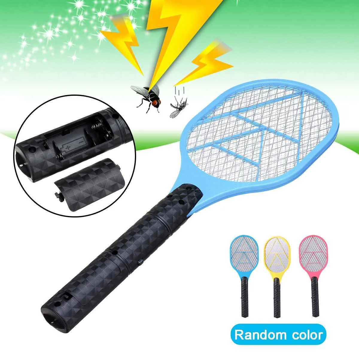 Blue yellow red battery electric mosquito swatter measuring 45 by 16 centimetres