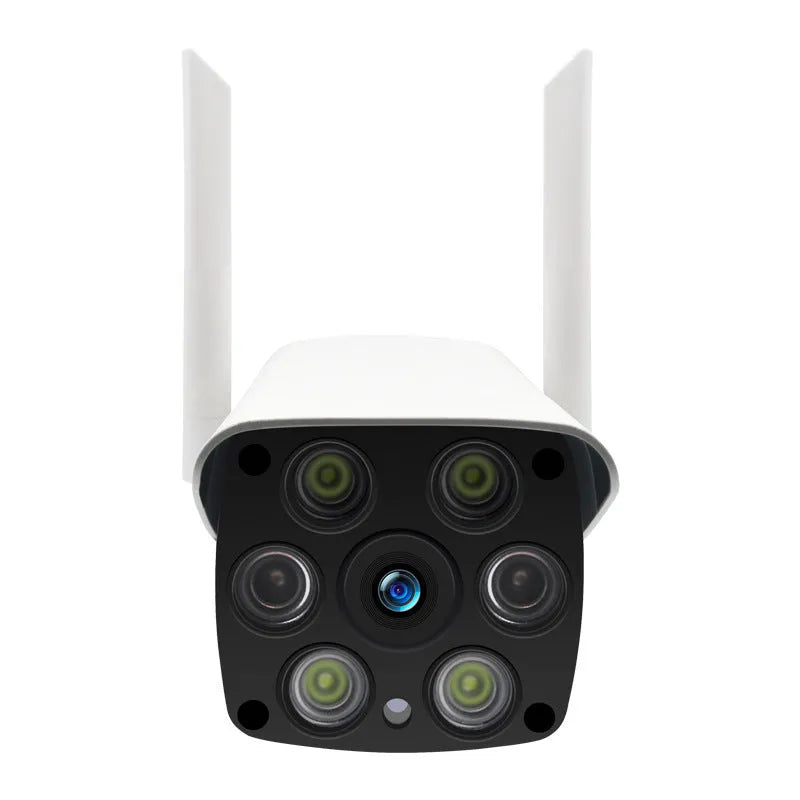 White outdoor smart security camera with a 3.6mm lens and infrared LEDs for night vision.