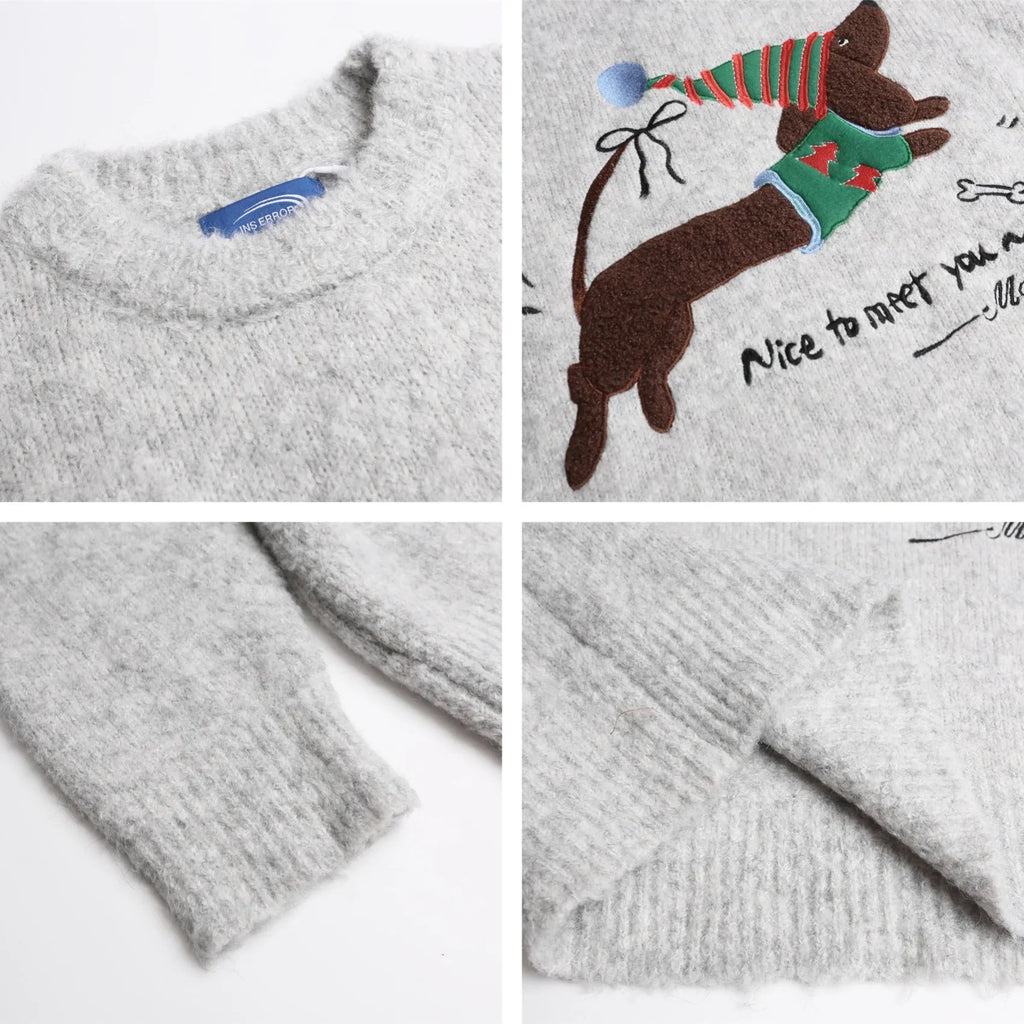 Gray loose-fit pullover sweater with American retro Christmas hat puppy embroidery for teenagers