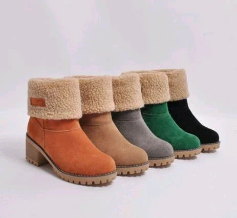 Stylish mid-calf suede snow boots with thick heels in various colors including gray, khaki, black, orange, and green