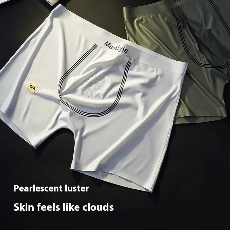 Men's seamless satin ice silk boxer shorts in dark grey, showing mid-waist and single-layer construction.