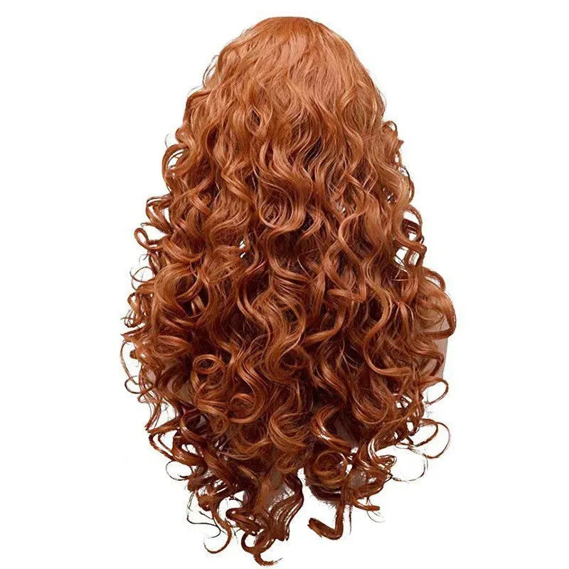 Brown long wavy curly synthetic wig with instant noodles texture and red net head cover
