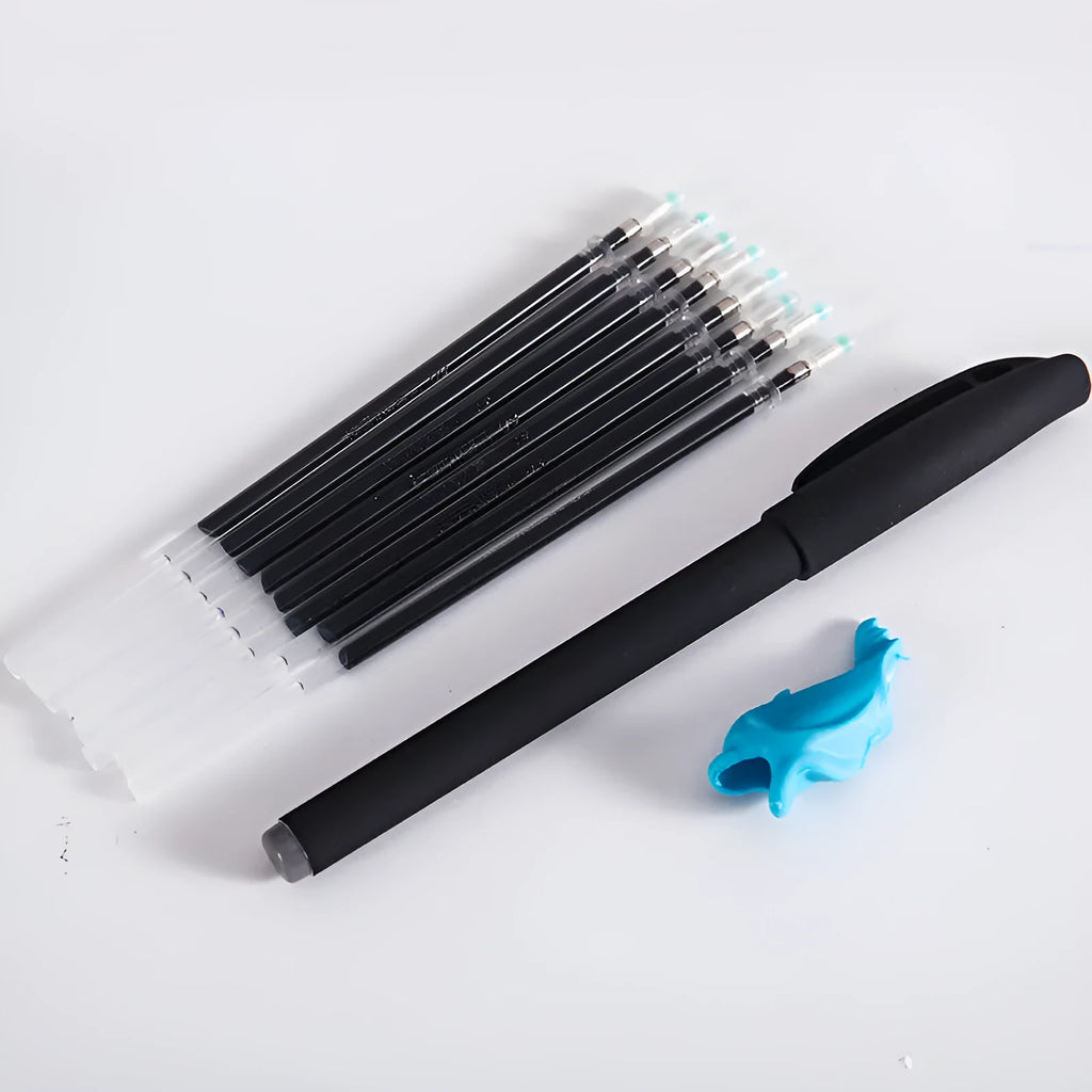 Automatic fade and disappear pen set with pen holder, case, and eight refills for temporary writing.