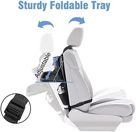 Black oxford cloth car seat buggy organiser bag hanging from vehicle seat showing 42x30cm dimensions