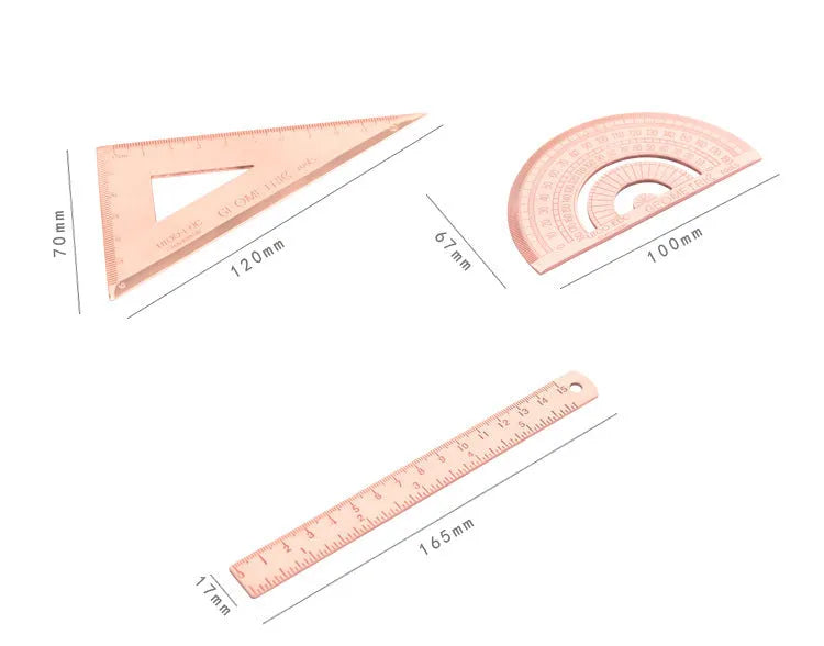 Stainless steel ruler set with protractor, triangle plate, and ruler in transparent pocket