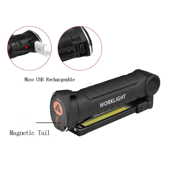 COB LED tactical flashlight in carbon-black finish with folding stand, magnet, and hanging hook on a metal surface