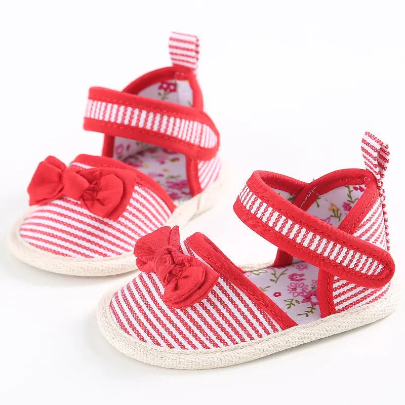 Baby girl soft sole cotton cloth sandals with plaid pattern and Velcro in yellow