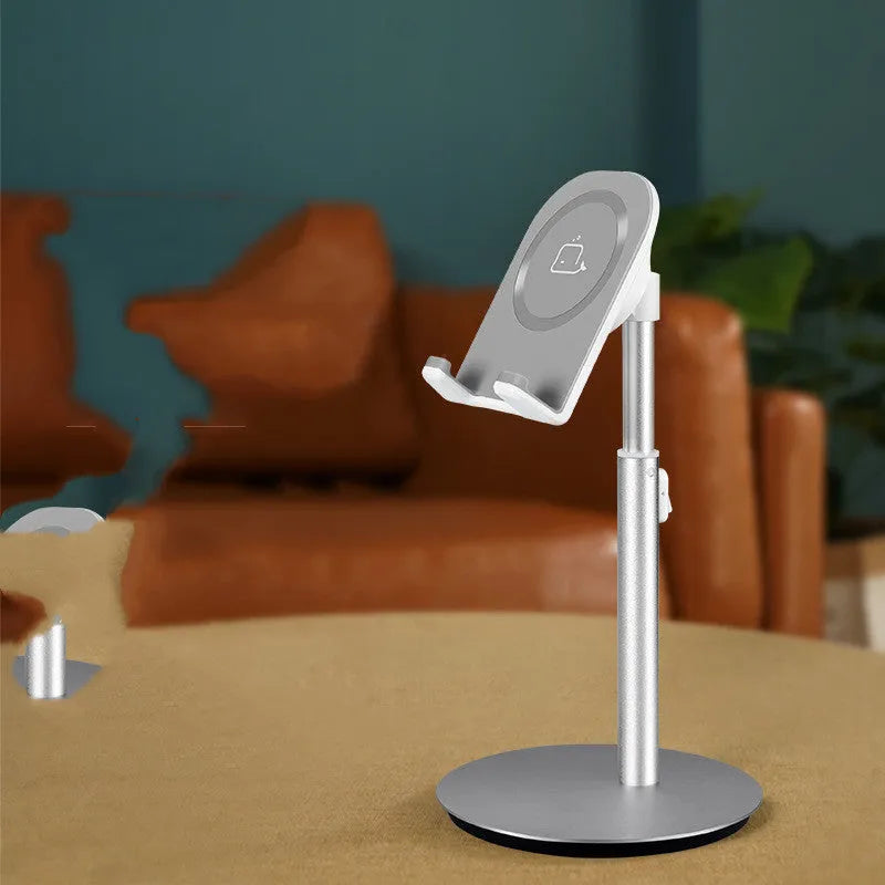 Silver metal computer phone holder desktop stand showing mobile device placement