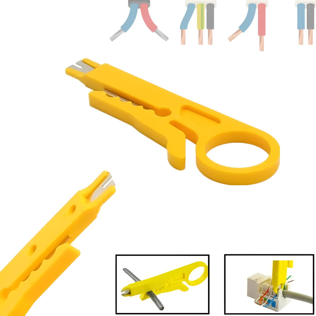 Yellow portable mini wire stripper tool with adjustable 0.6mm blade diameter.
