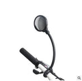 Black metal bicycle rearview mirror with hose adjustment clamp attached to handlebar