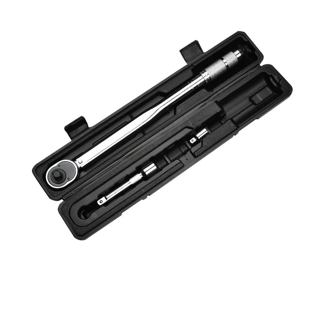 Five-piece multifunctional torque preset torque wrench set with extension rods on a workbench