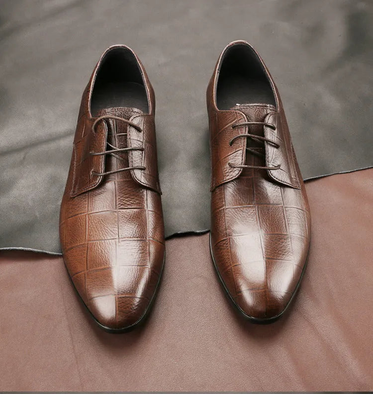 Men's black handmade cow leather derby shoes with a pointed toe and rubber sole.