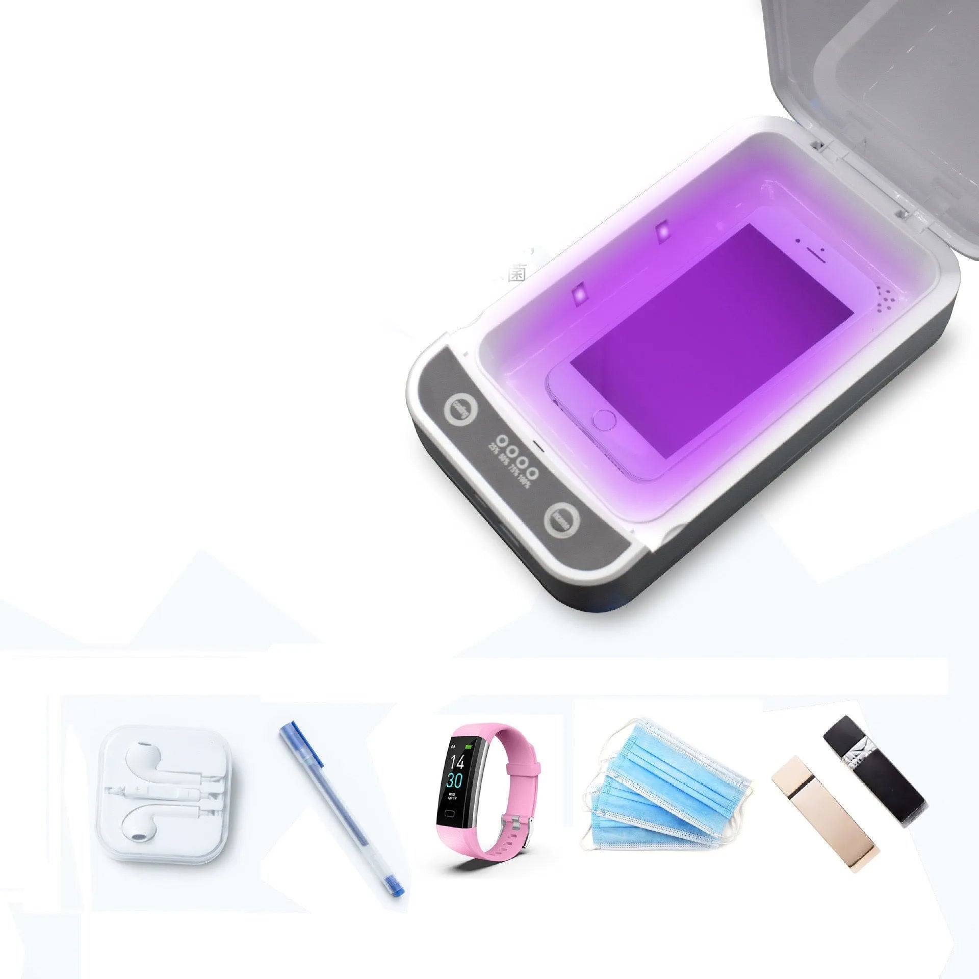 White plastic UV disinfection box open, showing internal chamber and UV lamps for sanitising phones.